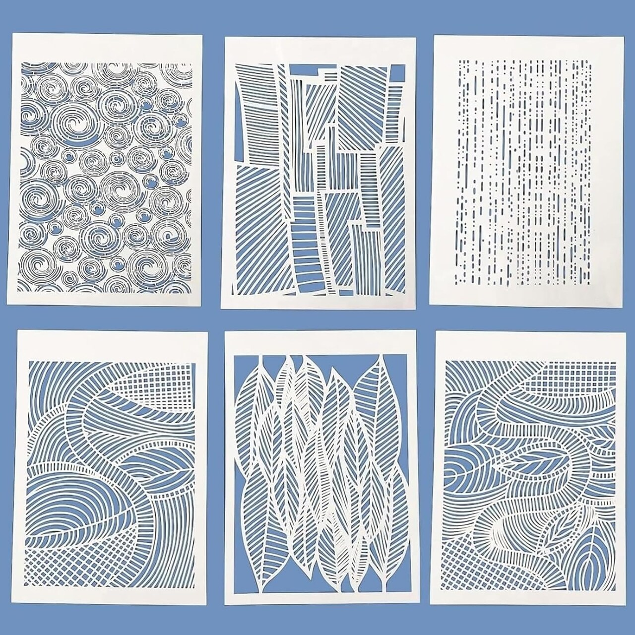 6 Pcs A4 Reusable Geometric Stencils for Painting - Hollow Leaves & Abstract Curve Lines Texture Layering Templates, DIY Wall Art, Furniture, Scrapbook & Crafts